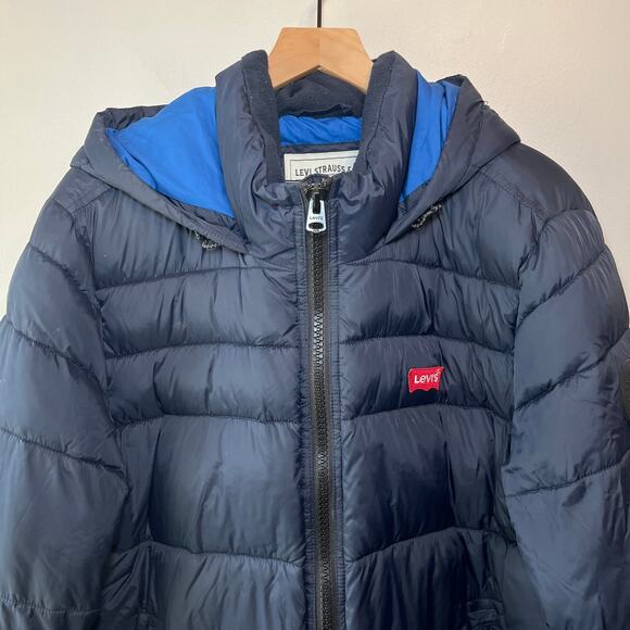 Levi's Men's Full Zip Winter Hooded Puffer Jacket Coat Navy Blue Size Large - Picture 2 of 10